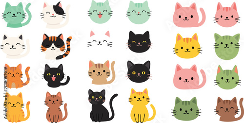 Foto Cute cat faces and sitting kitty collection set with different colors and expres