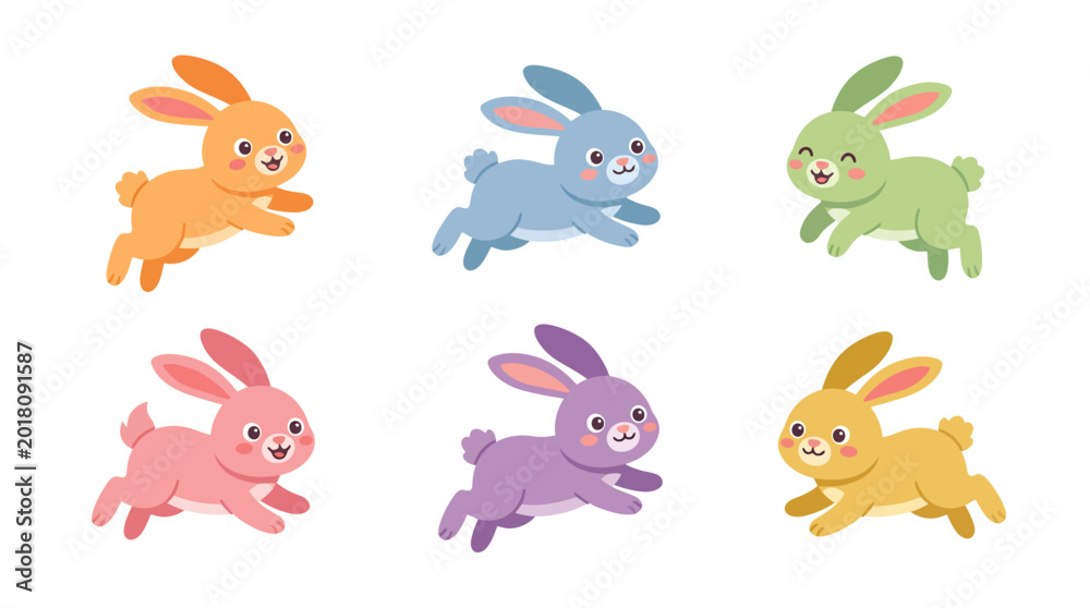 Naklejka premium Collection of six adorable, brightly colored cartoon rabbits hopping and running in various playful poses, perfect for Easter and spring themes