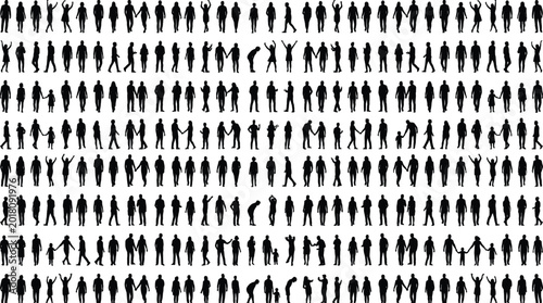 Konstfotografi Silhouettes of people standing, walking, and interacting symbolizing teamwork, c