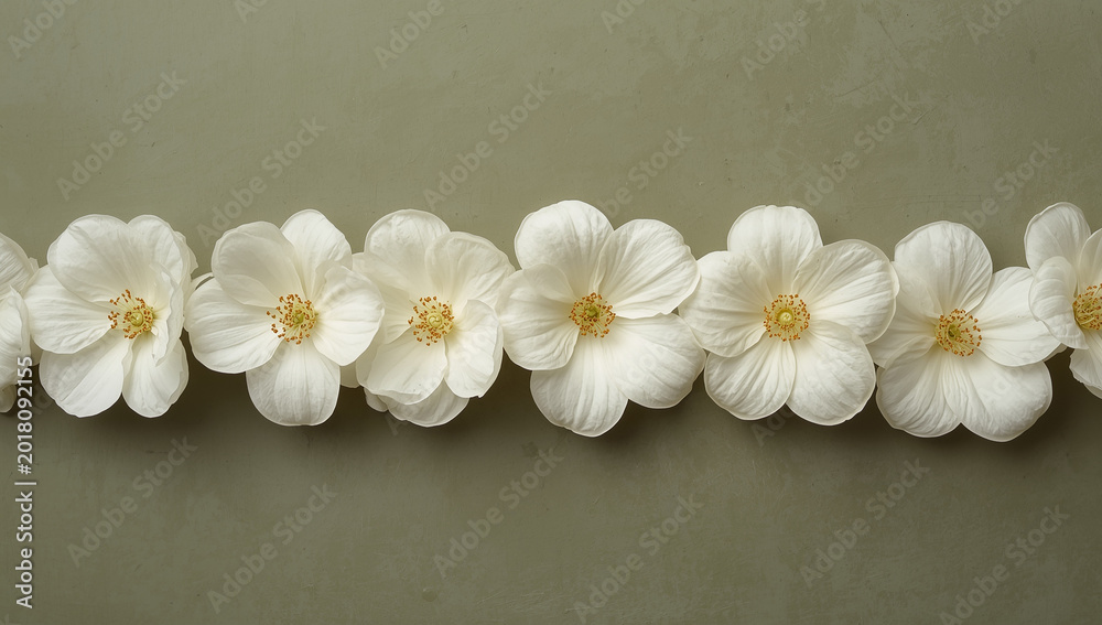 Obraz premium Horizontal line of delicate white flowers on textured surface