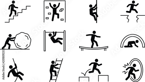 Bild auf Leinwand Obstacle Course and Physical Challenge Icon Set Featuring Climbing, Running, and