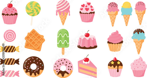 Foto Cute dessert vector collection featuring hand drawn colorful cupcakes, donuts, i