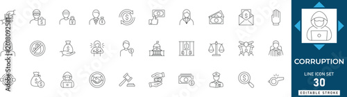 Photos corruption line icon set featuring bribery, political, crime, dishonest, business, money, laundering, fraud, and injustice