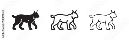 Photography Lynx or Bobcat Walking Icon Set, Wild Forest Cat Vector Illustration