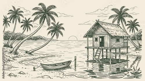 Tableau sur toile A serene coastal scene featuring a hand-drawn wooden hut on stilts with a small boat and palm trees swaying gently