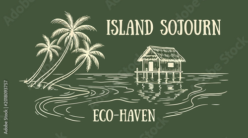 Konstfotografi A serene island sojourn showcases a hand drawing of a cozy eco-haven with palm trees and water