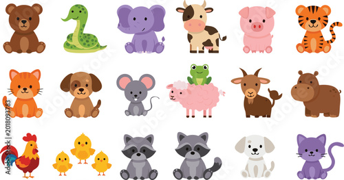 Canvas Print Cute farm and wild animals collection set featuring bear snake elephant cow pig