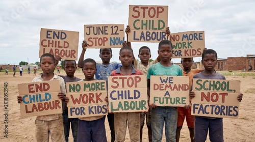 Children holding signs protesting child labor and advocating for education and a better future.