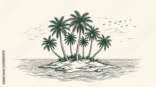 Cuadro en lienzo A serene island scene featuring a small landmass with several palm trees standing tall amidst gentle waves and a clear sky with flying birds, created through hand drawing