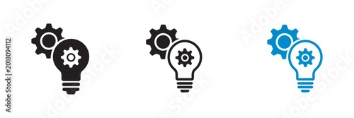 Lightbulb and gears icon set, innovation creative problem solving strategic development processes conceptual vector illustration