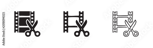 Fényképezés Film strip with scissors icons in different styles, symbolizing video editing, cinema, and production