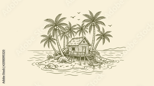 Schilderij op canvas A serene hand drawing of a tropical island with a hut and palm trees