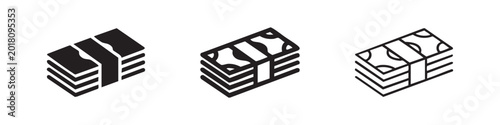 Tableau sur toile Stack of money or cash icon set in solid, outline, and hand-drawn styles, representing finance and wealth