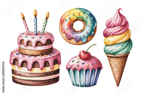 Cute Watercolor Dessert Clipart Set, Cake Donut Ice Cream Bundle, Isolated on White background
