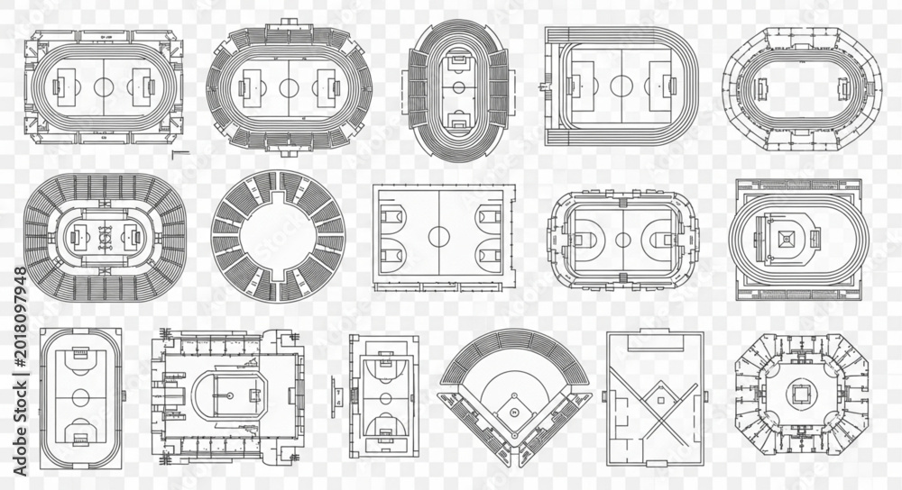 Obraz premium Collection of Stadium and Arena Top Down Architectural Drawings.