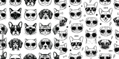 Seamless pattern with hand drawn cats and dogs wearing trendy sunglasses