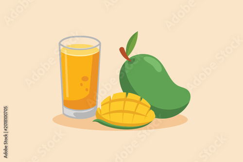 Fresh mango served with a glass of juice.Tropical fruits concept. Single line draw design. Vector graphic illustration