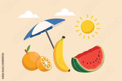 Fruits under the sunny summer atmosphere.Tropical fruits concept. Single line draw design. Vector graphic illustration