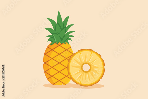 Pineapple and sliced fruit close-up.Tropical fruits concept. Single line draw design. Vector graphic illustration