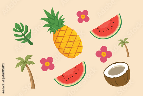 A mix of tropical fruits and flowers.Tropical fruits concept. Single line draw design. Vector graphic illustration