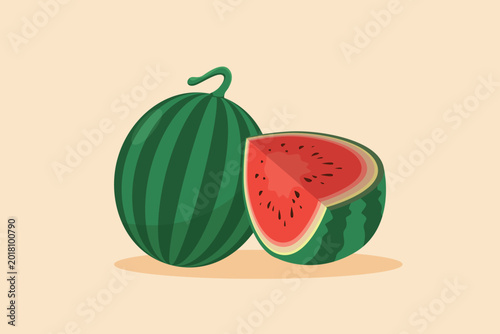 Whole and sliced watermelon on display.Tropical fruits concept. Single line draw design. Vector graphic illustration