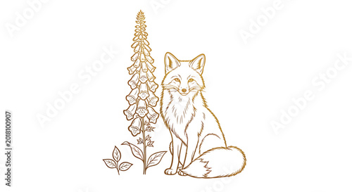 Golden Fox, Wildlife Illustration, Animal Design, Floral Element, Vector Graphic