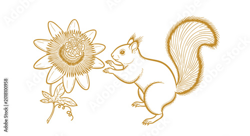 Golden Squirrel, Sunflower Illustration, Vector Animal, Nature Icon