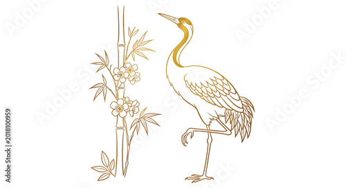 Golden Crane, Bamboo, Asian Inspired Vector Illustration, Animal Design Element