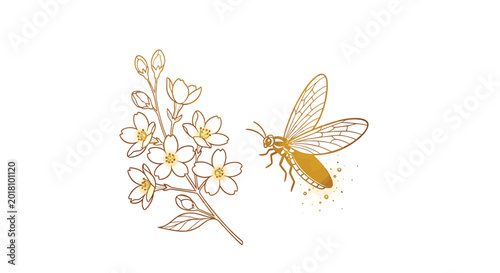 Golden bee, floral illustration, honeycomb insect, blooming flowers, vector icon