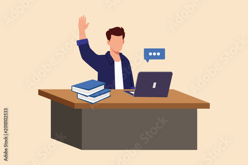 A student raising hand during an online class session. Digital learning concept. Single line draw design. Vector graphic illustration