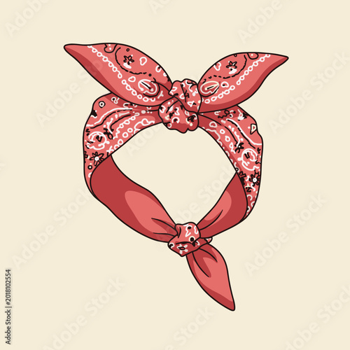 Red paisley bandana headband tied in a knot, vintage pin-up style hair accessory illustration
