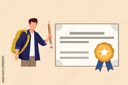 A student receiving certification after completing an online course. Digital learning concept. Single line draw design. Vector graphic illustration