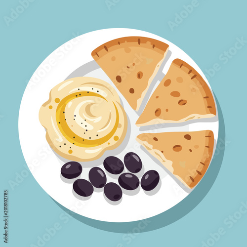 Top View Vector Illustration of Traditional Middle Eastern Hummus Plate with Pita Bread Wedges and Black Olives