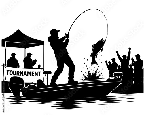 Fishing tournament scene, exciting moment, catching a fish, silhouette style