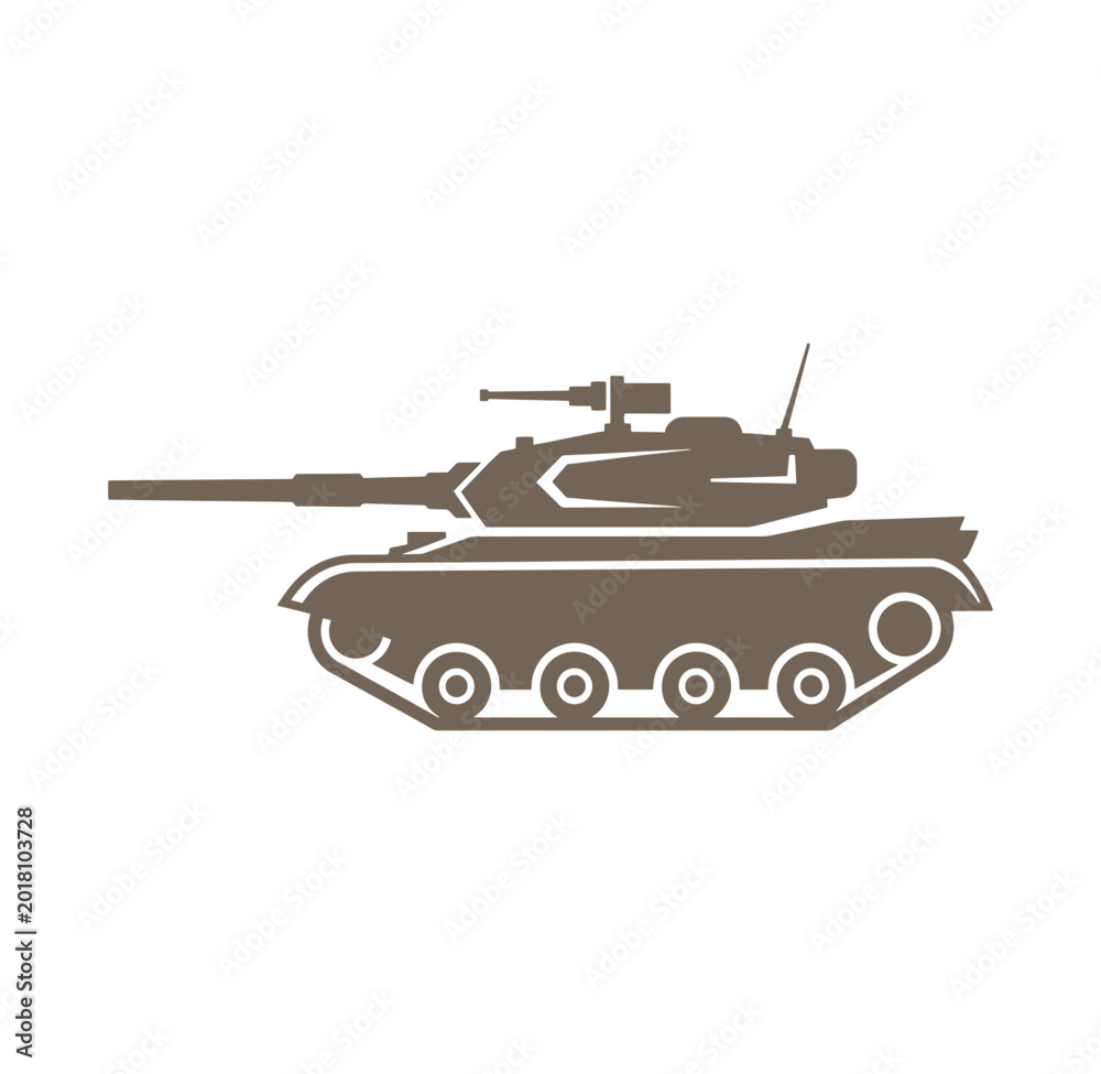 Fototapeta premium Brown military tank with long gun and antenna on white background