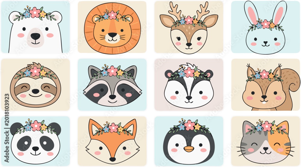 Fototapeta premium Kawaii Woodland and Jungle Animal Avatar Set Featuring Cute Forest Creatures with Floral Crown Decorations for Nursery