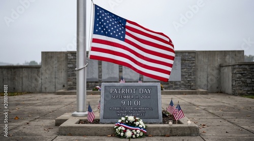 American flag waving over a September 11 memorial monument