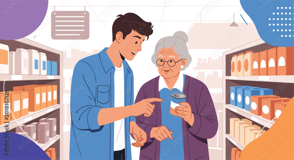 Obraz premium Kind young man helping an elderly woman select a product from a grocery store shelf while pointing to a specific canned item.