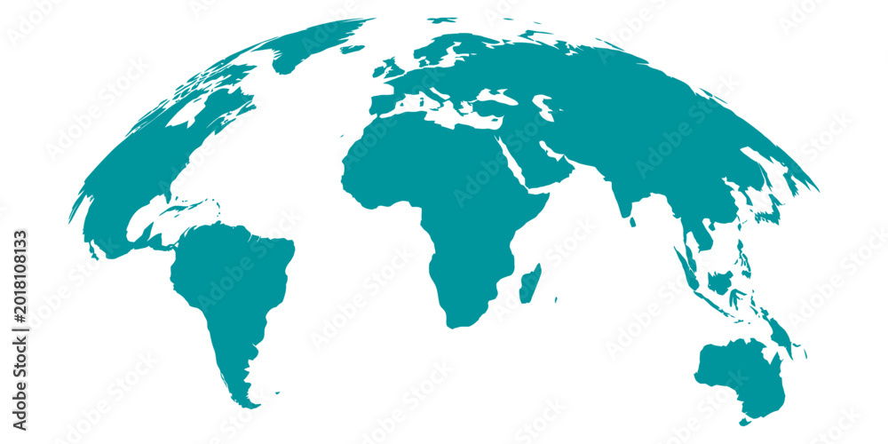 Fototapeta premium Curved world map silhouette half globe blue Earth planet, global business geography international travel major continents modern vector infographic illustration