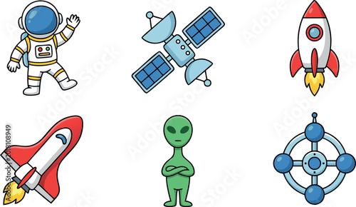 Schilderij op canvas Outer Space Exploration Illustration Set with Astronaut Satellite Rocket Ship Gr