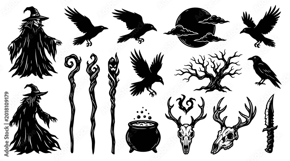 Fototapeta premium Spooky Halloween Symbols: Witch, Crow, Deer Skull, Tree, Moon, Knife Vector Art
