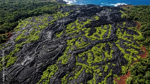 Konstfotografi Lava Landscape with Green Moss in Hawaii Nature Scene