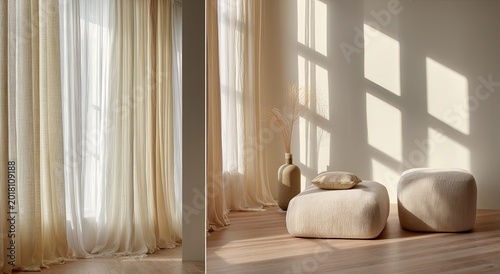 Sunlight streaming through sheer curtains creating geometric shadows on the wall.
