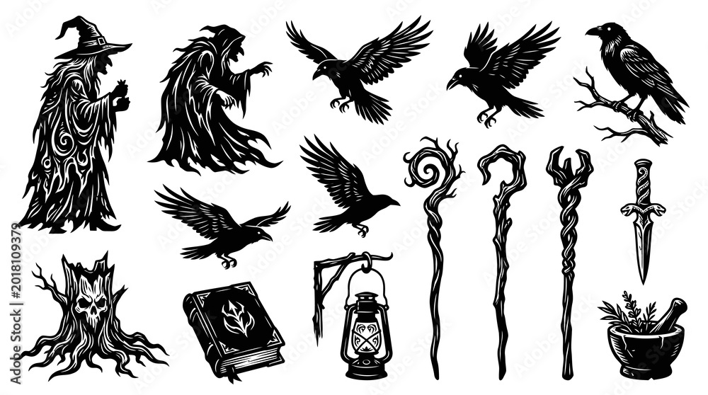 Fototapeta premium Halloween Witchcraft Fantasy Occult Elements: Black White Engraving Style Raven, Wizard, Magic Tools