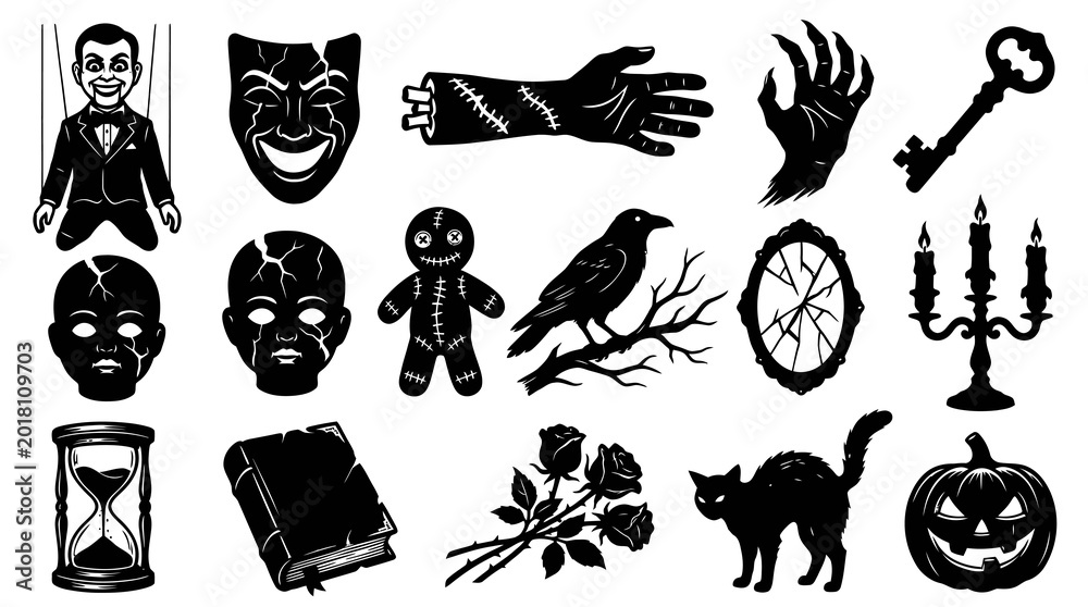 Fototapeta premium Black and White Vector Halloween Horror Icons Collection with Spooky Gothic Elements Glyph Art