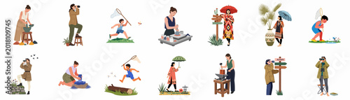 Foto Set of flat vector illustrations depicting diverse people engaged in various hobbies, outdoor activities, traditional crafts, and nature exploration