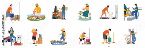 Quadro su tela A diverse collection of flat vector illustrations featuring people engaged in various outdoor activities, community service tasks, and nature conservation efforts