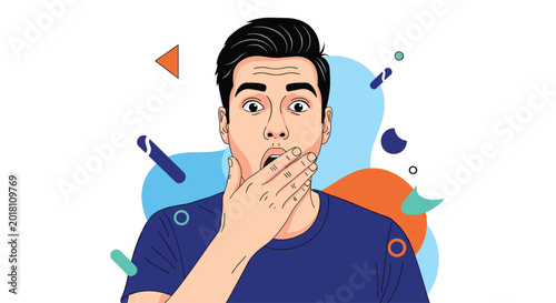 Young man looking surprised and shocked while covering his open mouth with his hand against a colorful abstract background.