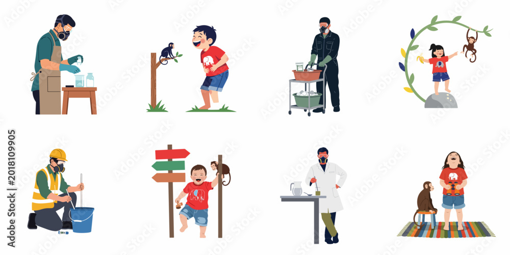 Fototapeta premium Set of flat illustrations featuring scientists and industrial workers in protective gear alongside happy children playing with monkeys in various scenes.