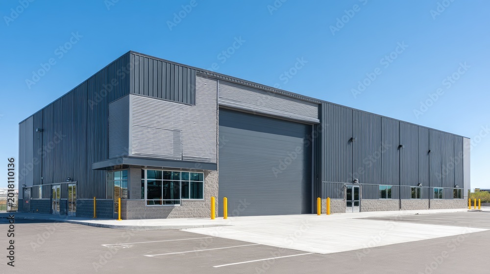 Fototapeta premium Modern Industrial Warehouse Building Exterior with Large Loading Bay Doors.